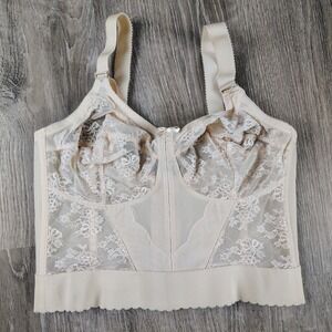 Vintage Bali Longline Bra 40D Beige Wireless Semi Sheer Lace Floral Boning 3300